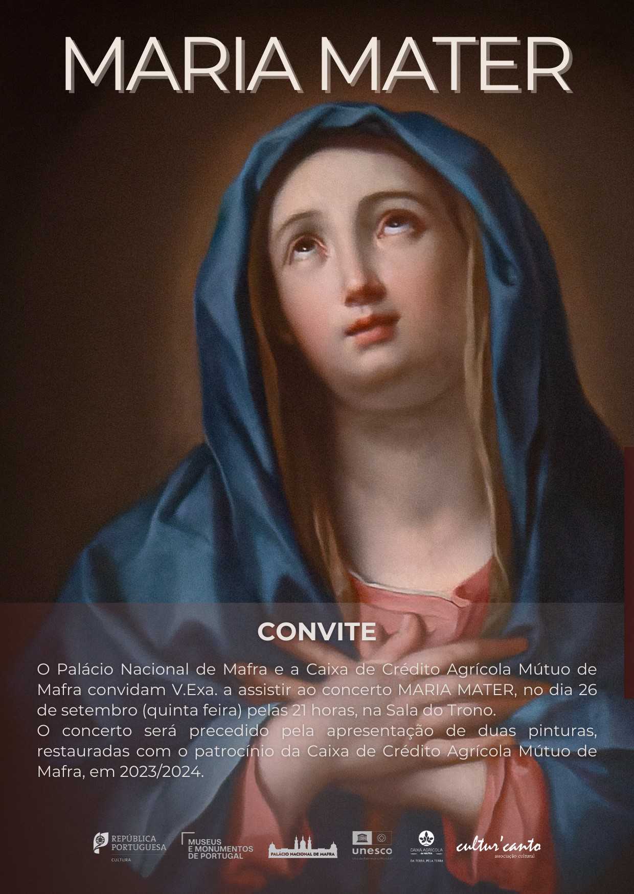 Pintura sobre tela representando N. Sra, de mãos postas sobre o peito e olhando para o céu.